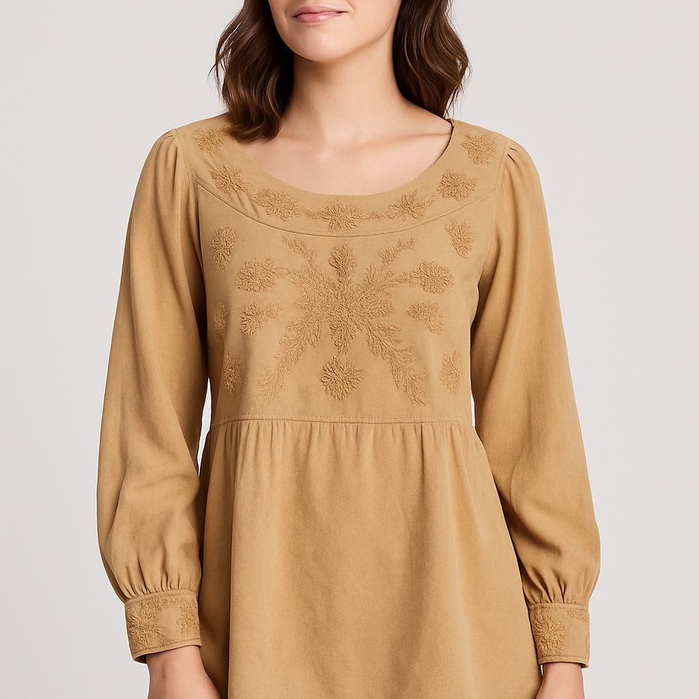 Solitaire Boho Embroidered Peasant Tunic Top Beige Rayon Long Sleeve Size‎ M